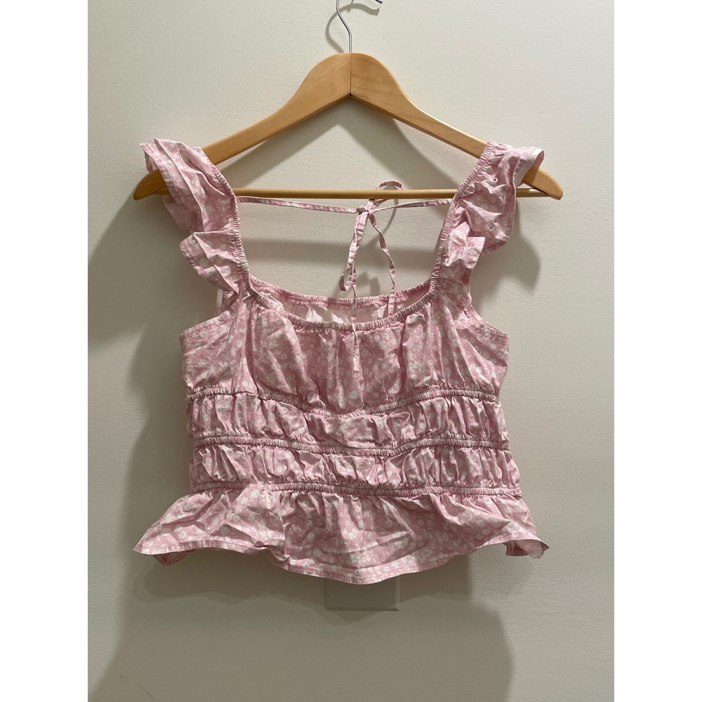 Altar'd State Pink Floral Smocked Peplum Crop Top Ruffle Strap - Picture 3 of 6